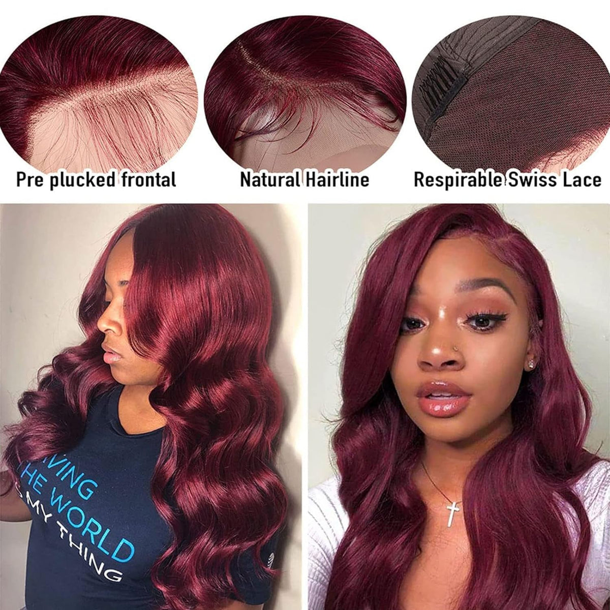 KUCUFIGHTA body wave wig in 99J burgundy for soft curls.