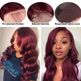 KUCUFIGHTA body wave wig in 99J burgundy for soft curls.