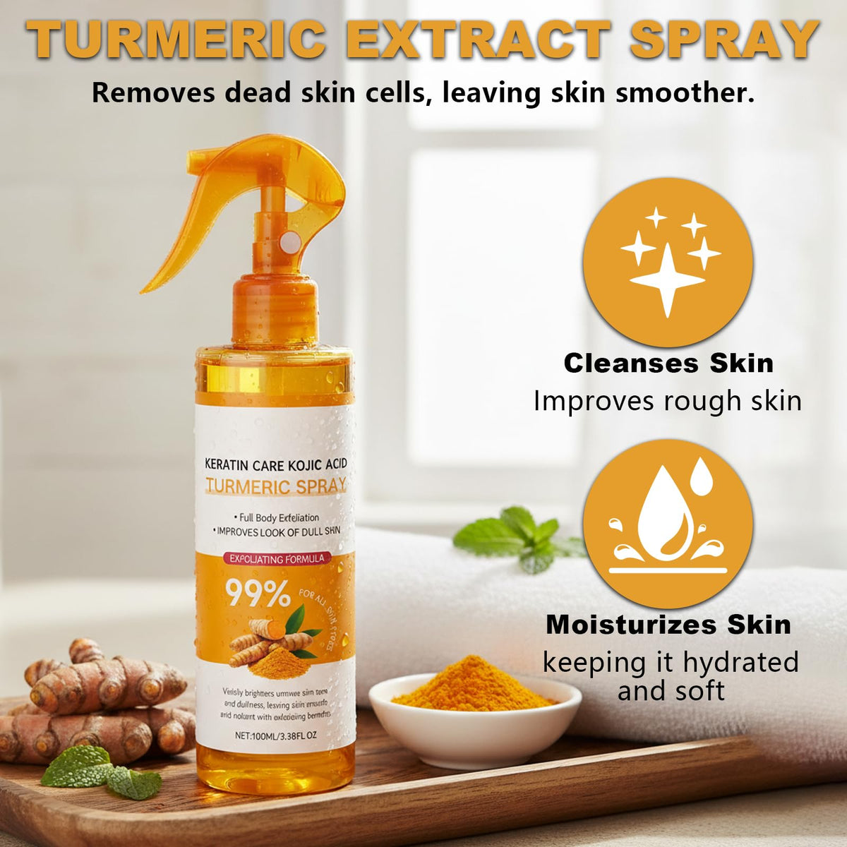 KUNAL Turmeric Exfoliating Spray applied for even coverage