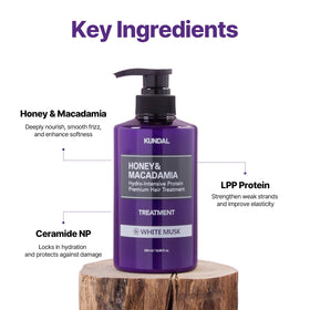 KUNDAL argan oil detail on bottle suggests deep nourishment for damaged or dry hair.