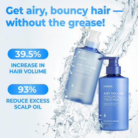 KUNDAL Hyaluronic Acid Airy Volume Treatment bottle demonstrates conditioning benefits for smoother, manageable hair.