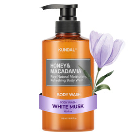 KUNDAL Nature Honey & Macadamia bottle pour demonstrates a hydrating body wash for daily use