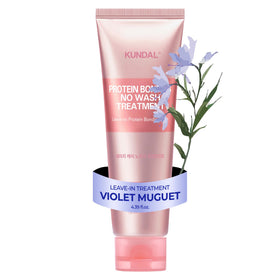 KUNDAL Protein Damage Care No Wash bottle front shows violet musk packaging for smooth hair