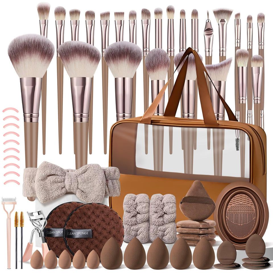KUORYZAL brown makeup brush set in case for organized, portable beauty on the go.