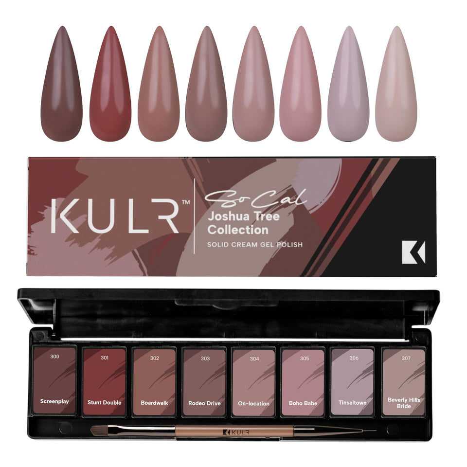 KUPA KULR Joshua Tree collection swatches show eight earthy cream gel shades for crisp color.