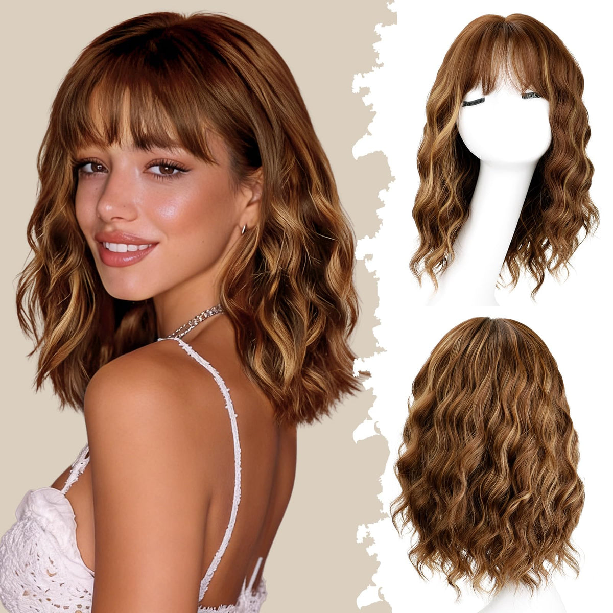 Kurope brown honey blonde wig bangs close-up showing natural texture