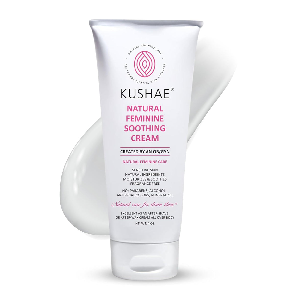 Kushae feminine soothing after-shave cream bottle for sensitive skin relief