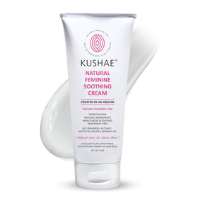 Kushae feminine soothing after-shave cream bottle for sensitive skin relief