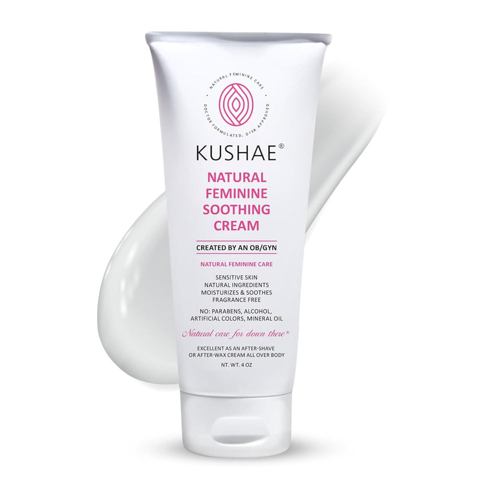Kushae feminine soothing after-shave cream bottle for sensitive skin relief