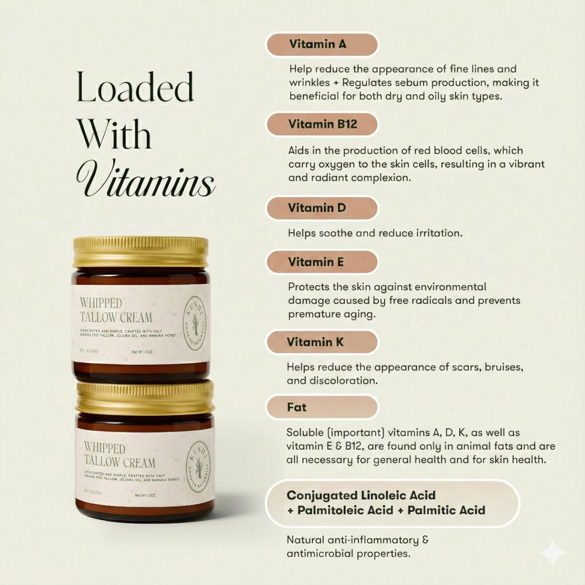 KUSHI Grass-Fed Beef Tallow ingredients image emphasizes simple, pure formula.