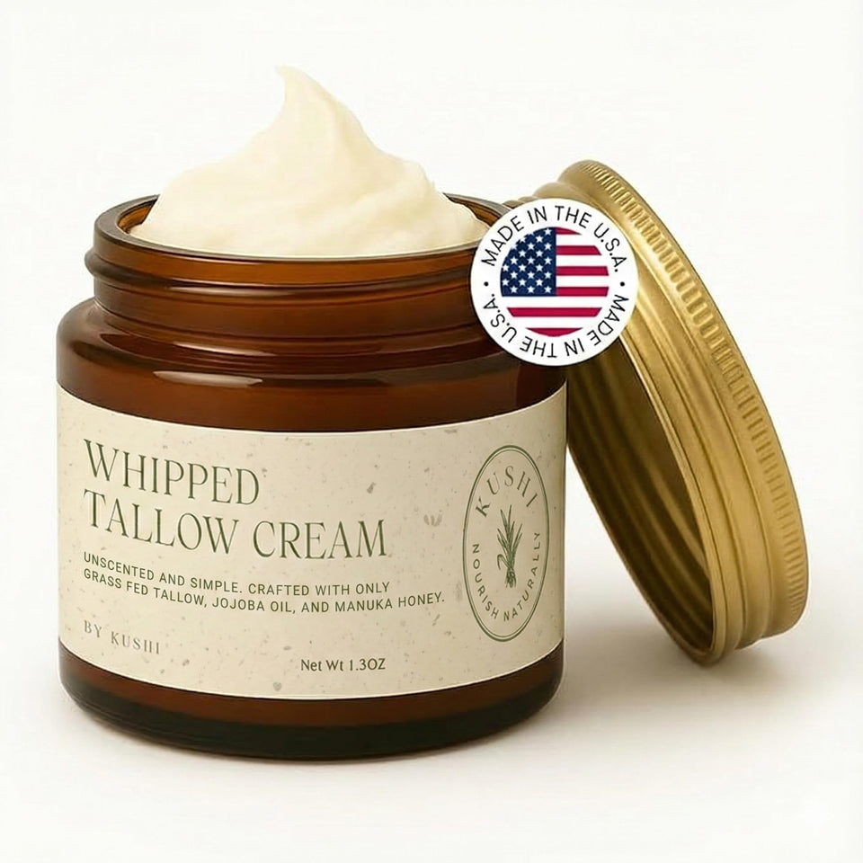 KUSHI Grass-Fed Whipped Tallow Cream bottle front view for clean, fragrance-free hydration.