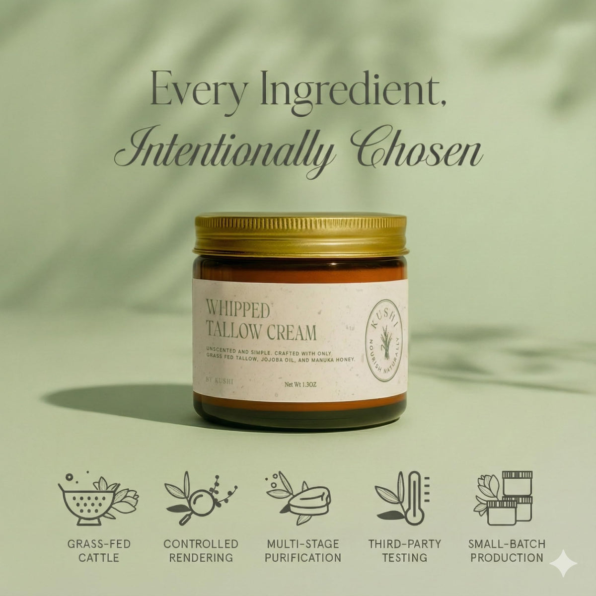 KUSHI whipped tallow texture close-up highlighting rich, deeply moisturizing feel.