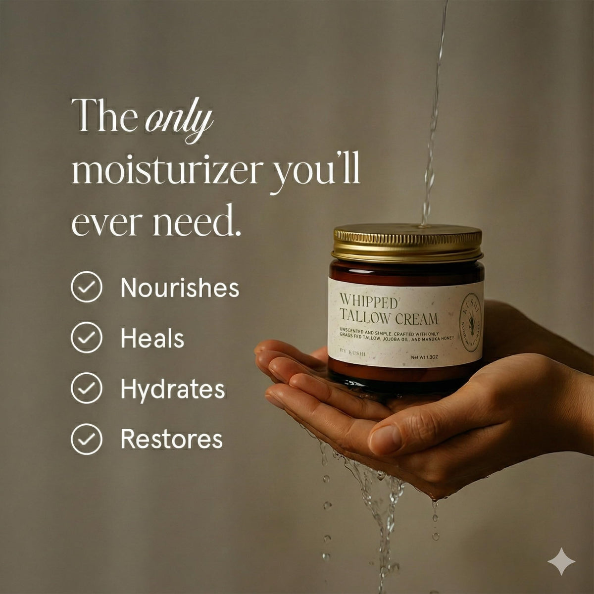 KUSHI whipped tallow cream hand application demonstrates versatile use on skin.