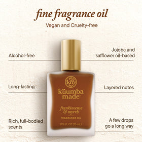 Kuumba Made Frankincense and Myrrh fragrance oil close up shows resinous notes