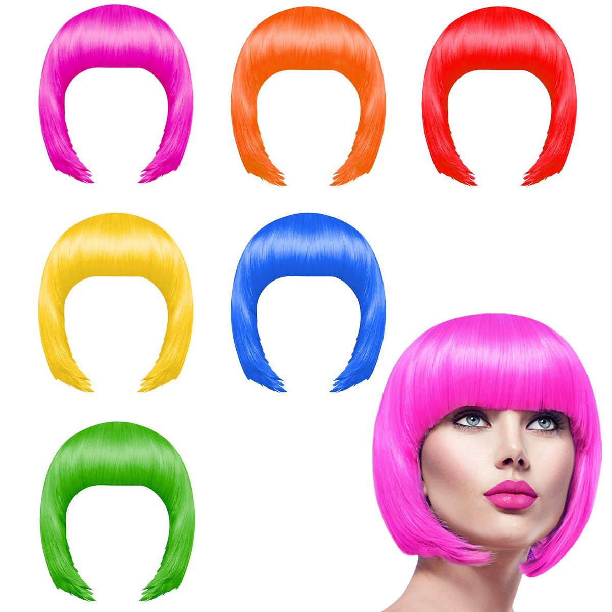 KUUQA neon short bob wig pack in blue to pink for cosplay and party photos