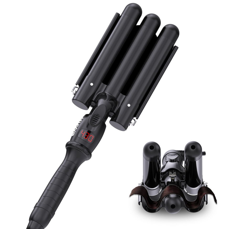 kuwa crimper creates beachy waves with three barrels and a tourmaline ceramic coating