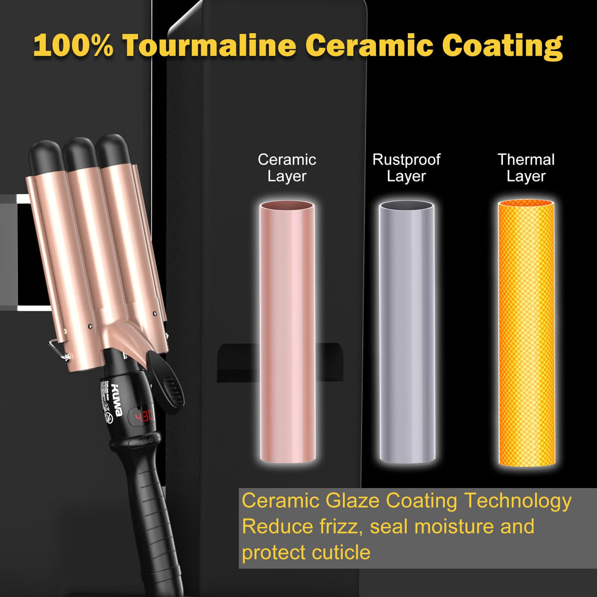 Kuwa tourmaline ceramic barrels reduce frizz and boost shine.