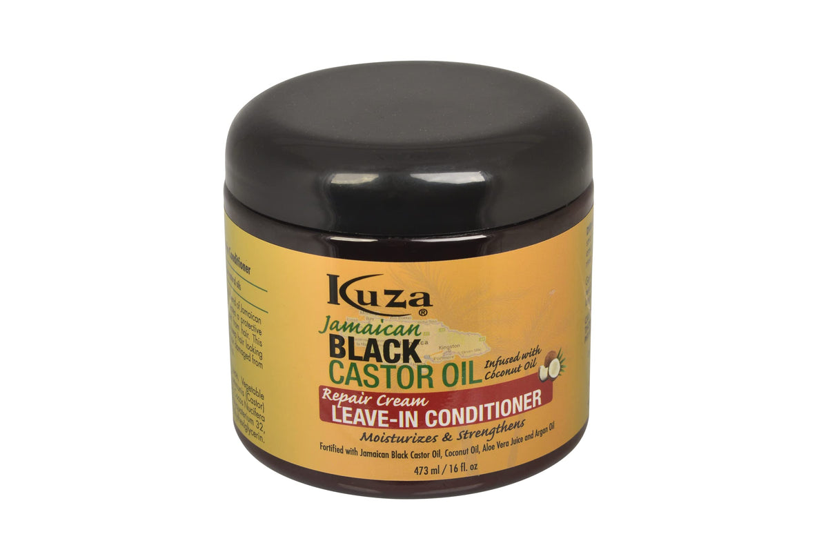 Kuza Jamaican Black Castor Oil Leave-In-Conditioner bottle for hydration and detangling.