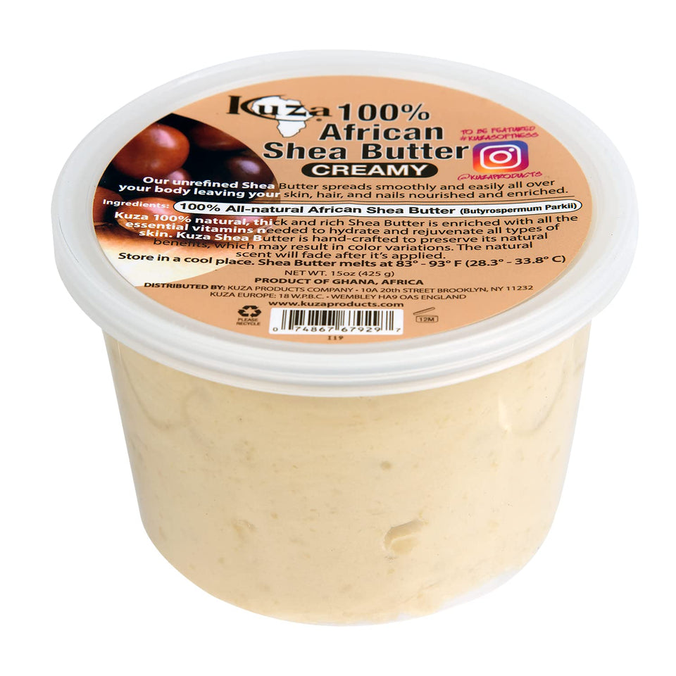 Kuza Shea Butter Borututu jar close-up shows creamy texture and natural color variations.