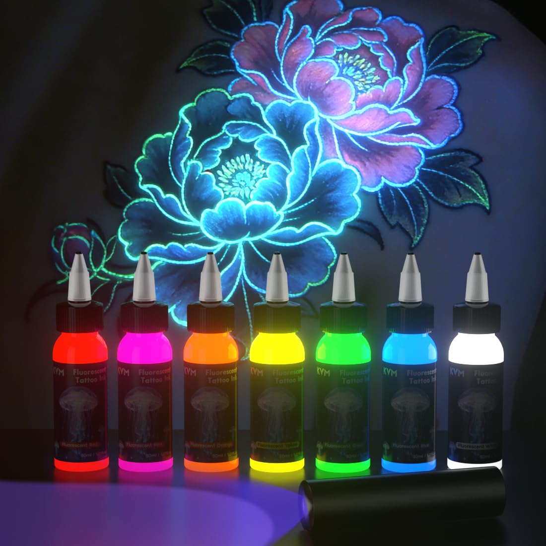KVM Tattoo Ink Set 7-Color Fluorescent in 30ml glow bottles for bold neon designs.