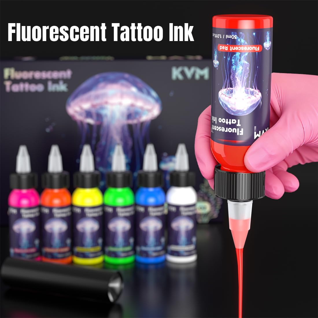 KVM Tattoo Ink Set includes UV torch for accentuating ultraviolet glow effects.