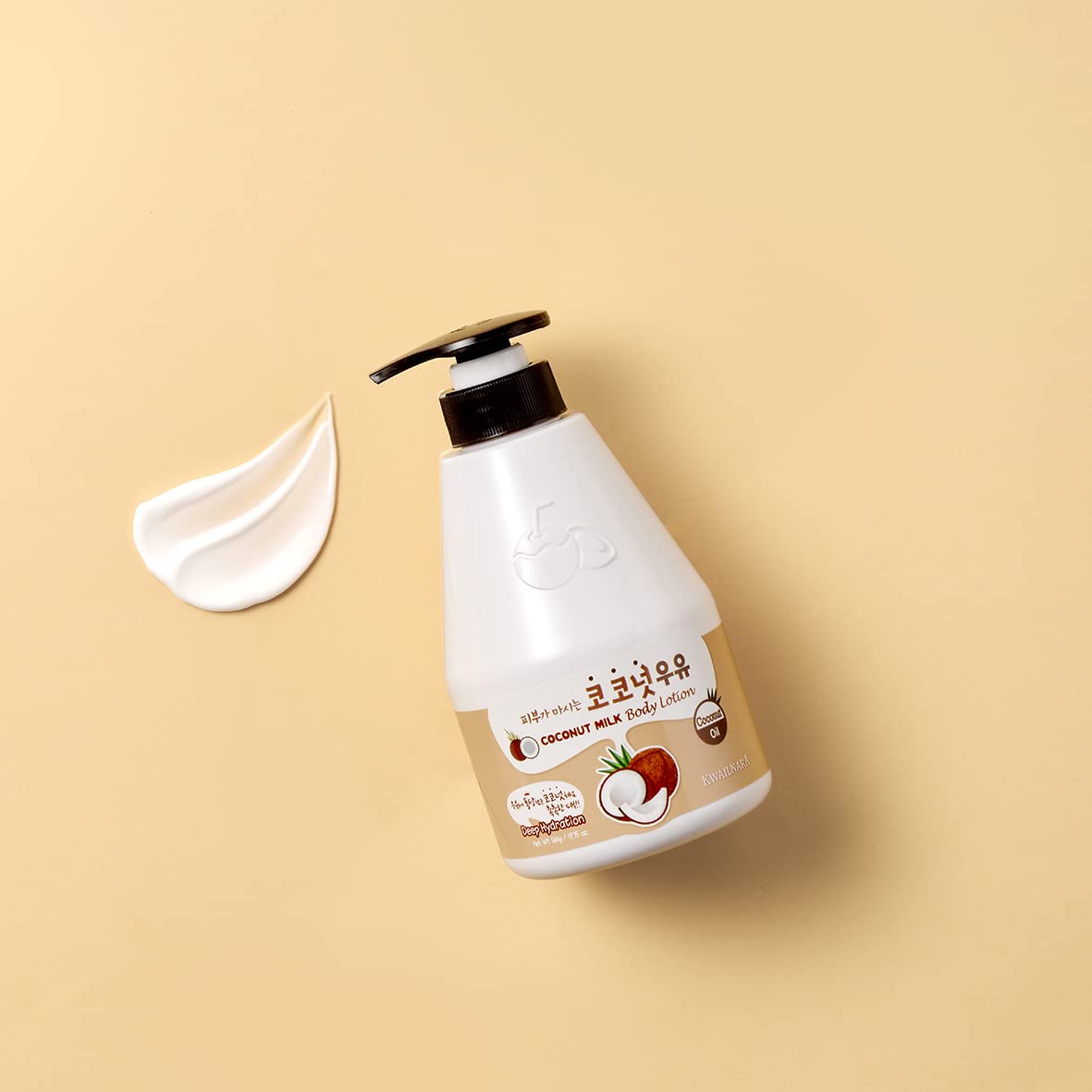 Kwailnara Coconut Milk Body Lotion packaging display emphasizing clean formula.