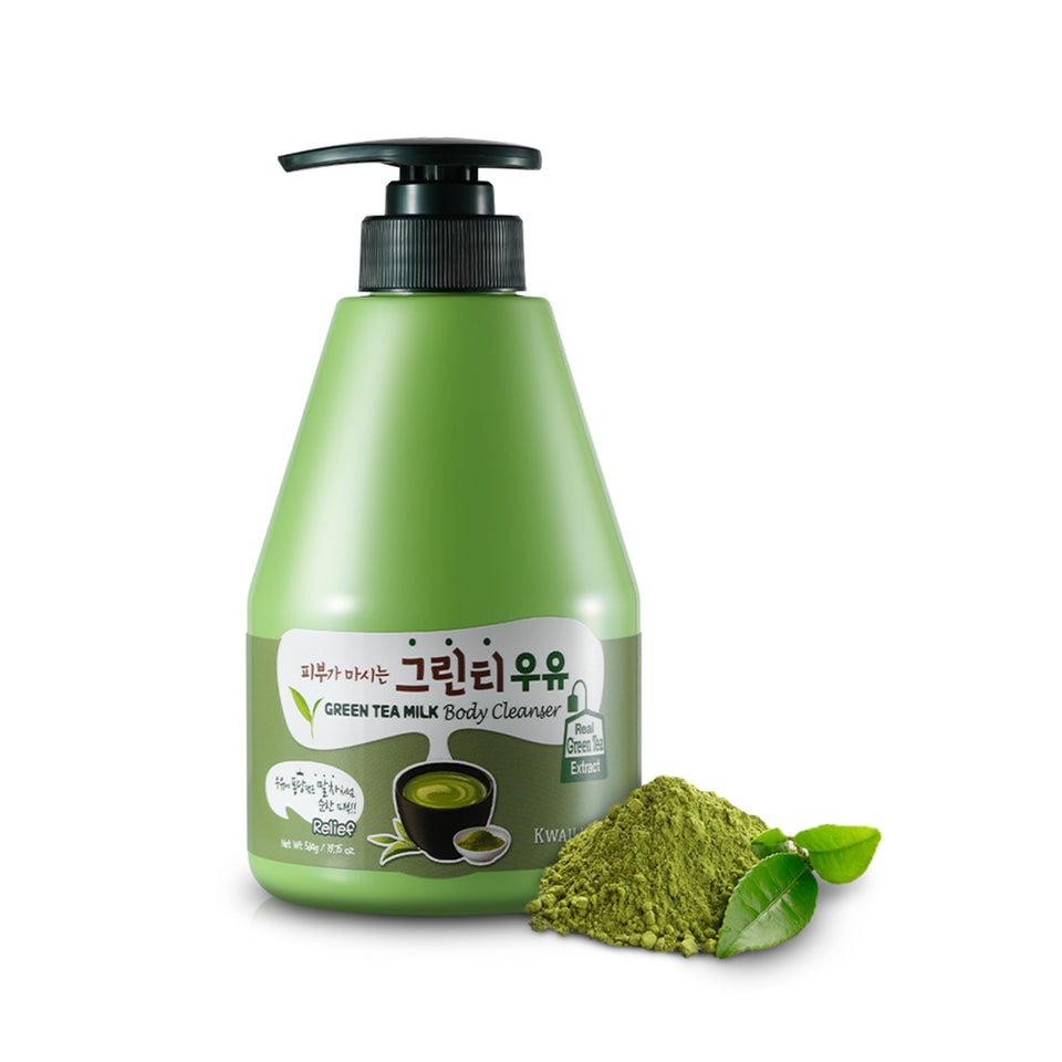 Kwailnara Green Tea Milk Body Wash bottle being poured for a gentle cleanse.