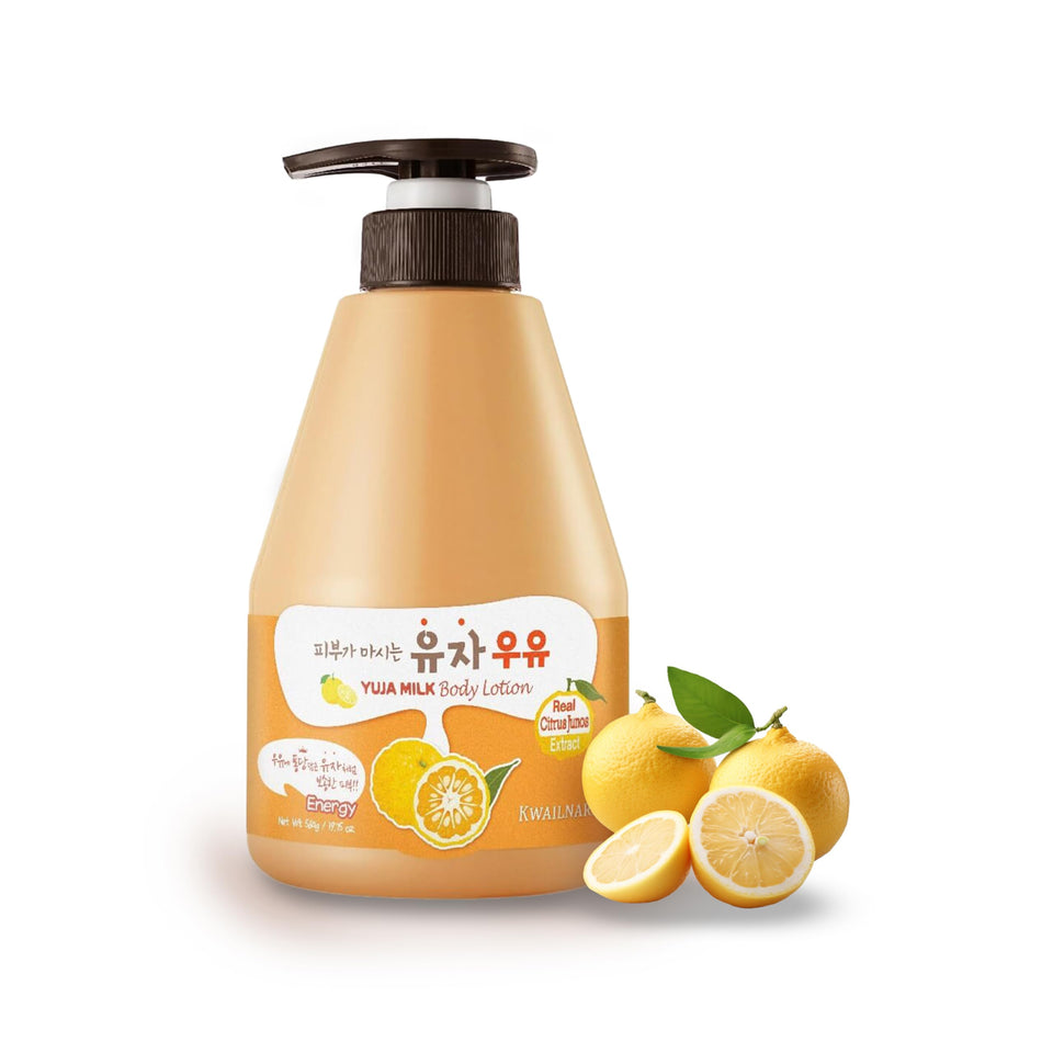Kwailnara Yuja Milk Body Lotion bottle with refreshing citrus aroma and hydration.