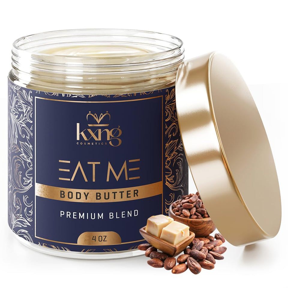KXNG Cosmetics body butter jar demonstrates rich hydration for all skin types.