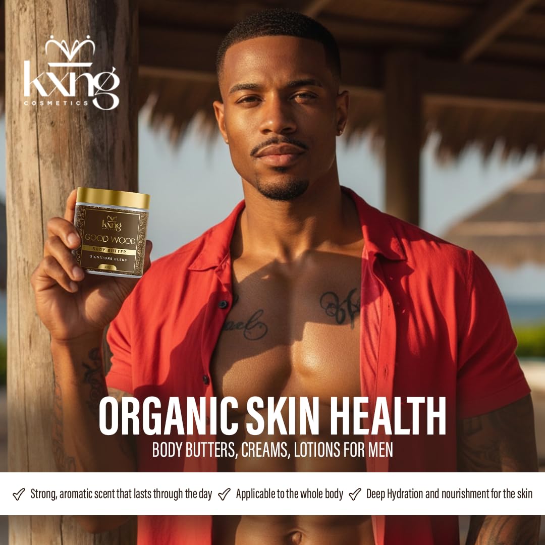 KXNG Cosmetics body butter on forearm showing non-greasy finish.