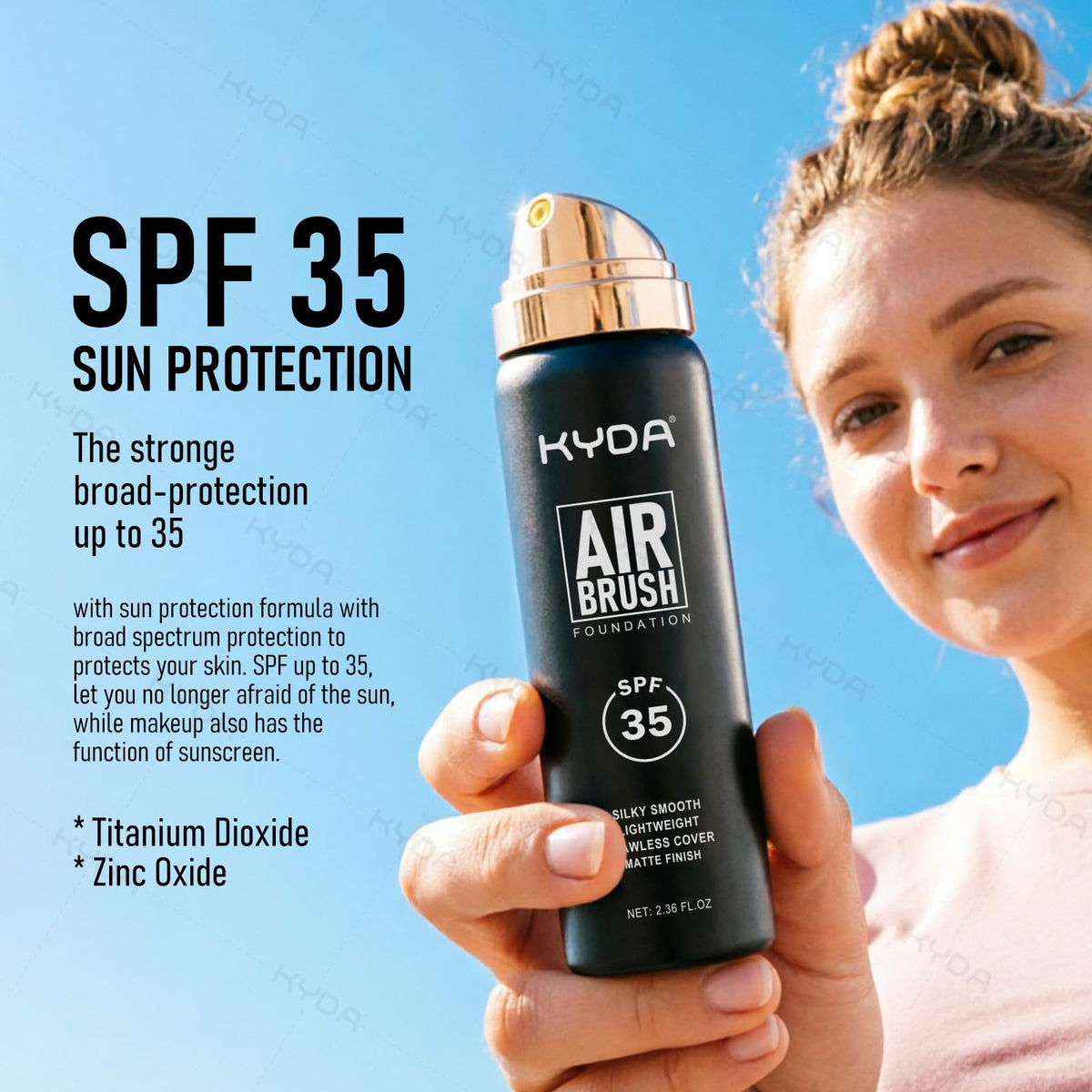 KYDA AirBrush Foundation Spray nozzle shows precise mist for controlled application