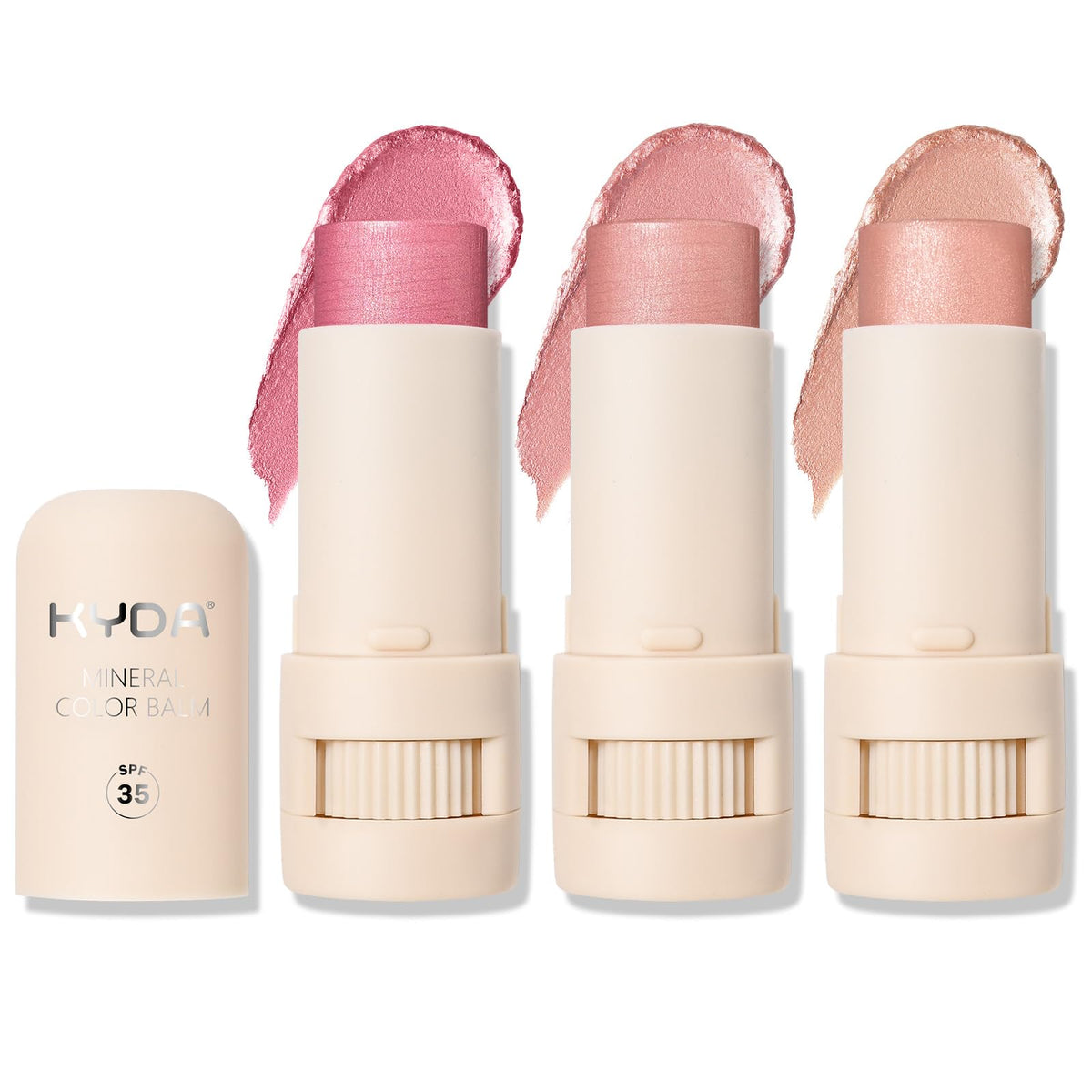 KYDA Mineral Color Balm trio packaging with rotating design for easy on-the-go touch-ups