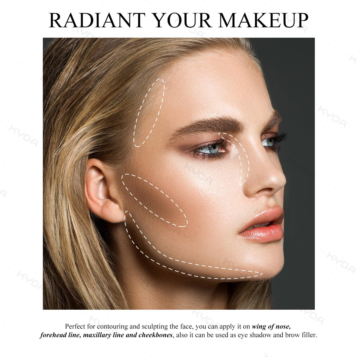 KYDA sculpted look contour guide demonstrates forehead and cheek shading