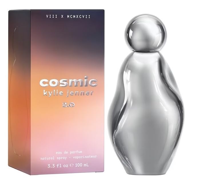 KYLIE Cosmic Kylie Jenner 2.0 EDP bottle close-up, floral amber notes, long-lasting scent for women.