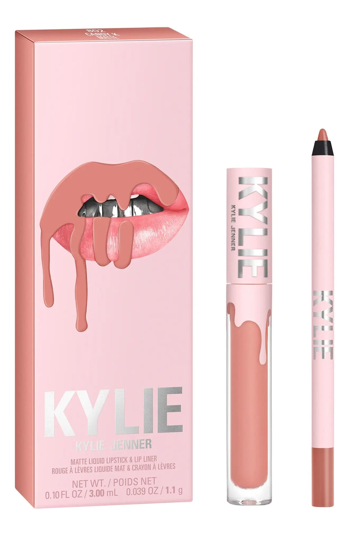 Kylie Lip Kit Candy K features matte lipstick and liner for a versatile pinky nude look.