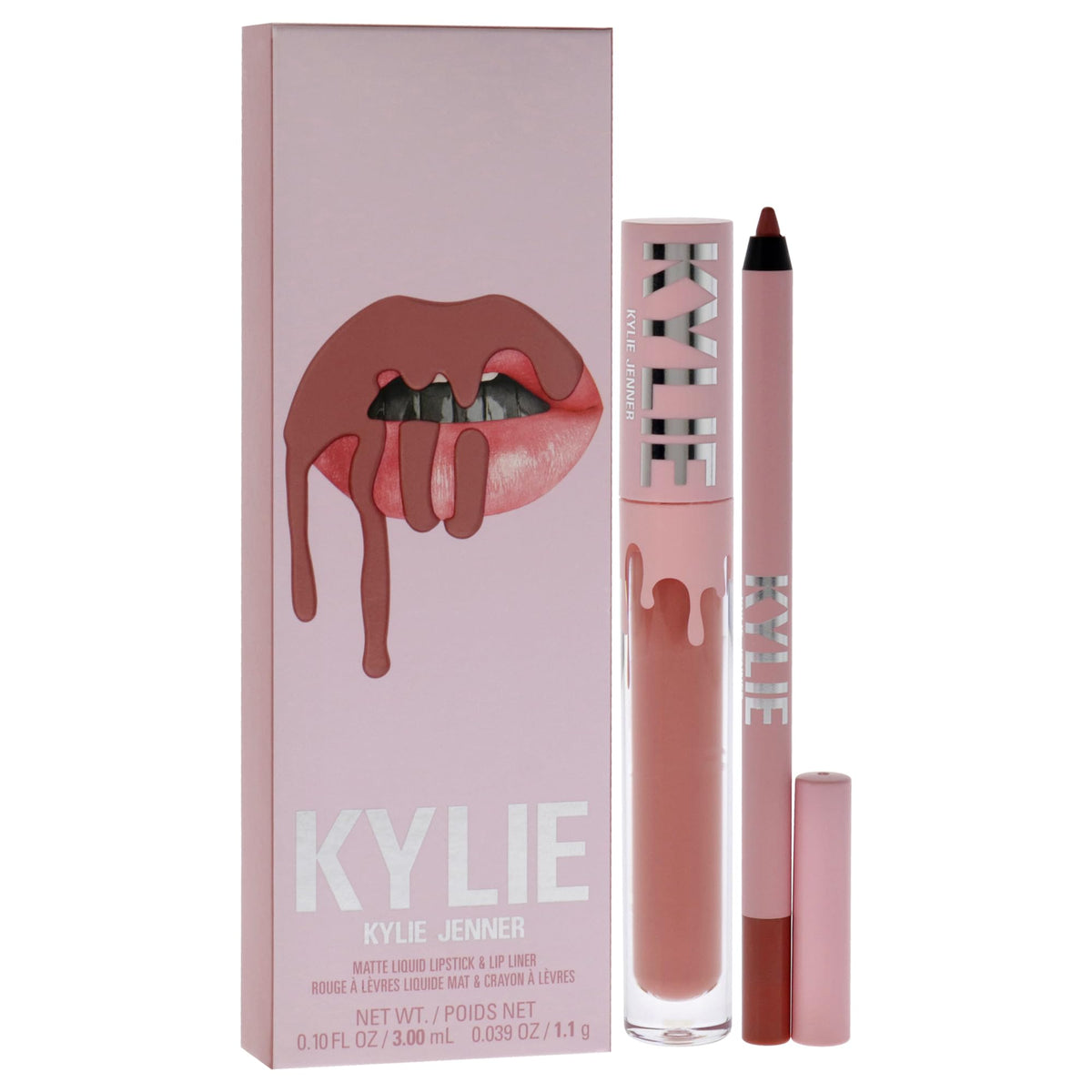 KYLIE Matte Lip Kit 802 Candy liquid lipstick close-up shows smooth application.
