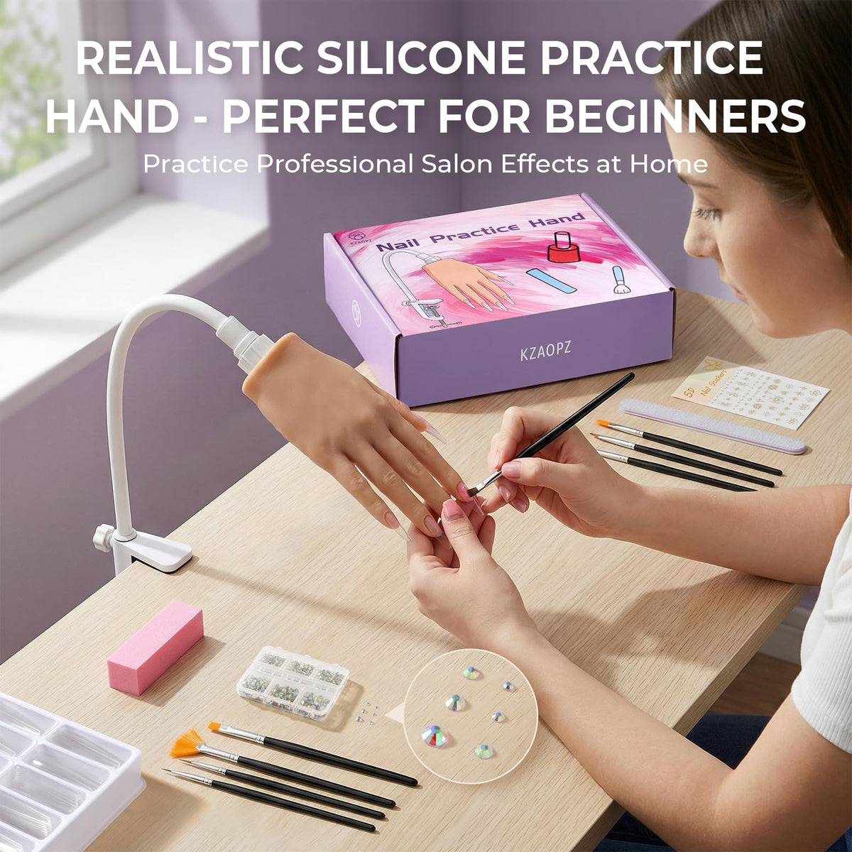 KZAOPZ Beginners Practice Hand with flexible fingers for versatile nail posing.