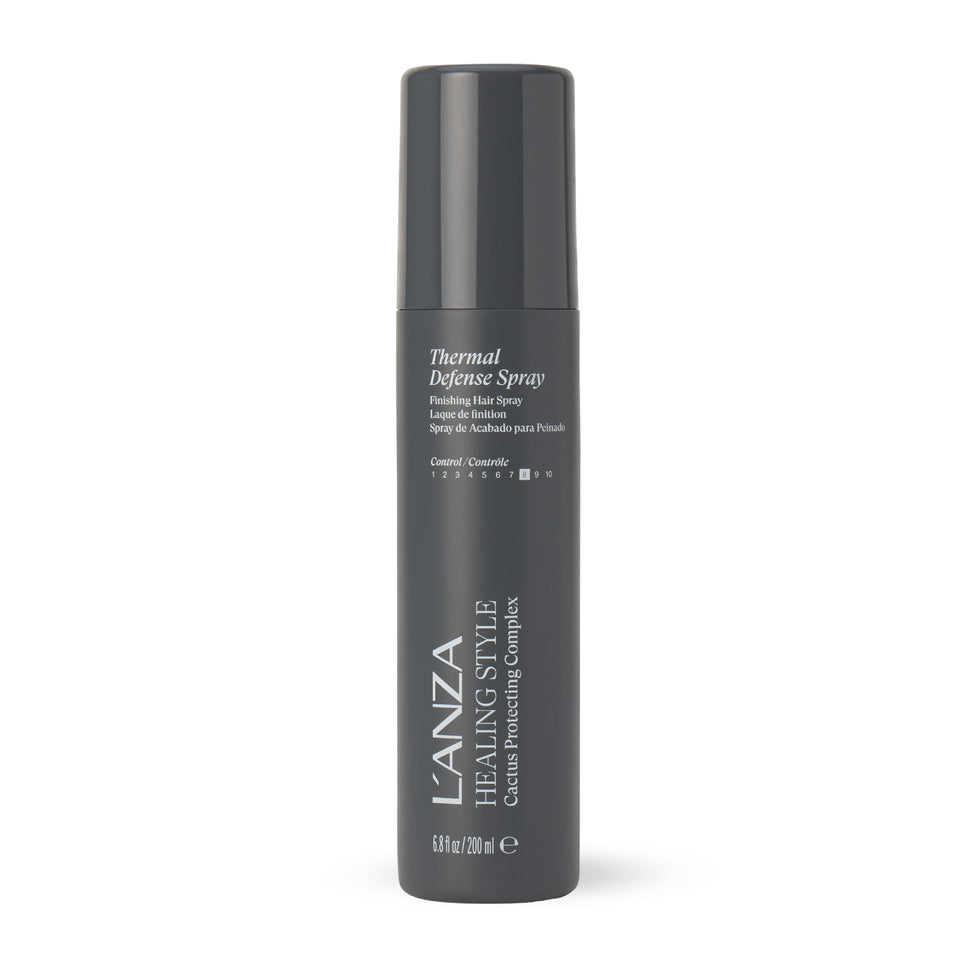 L’ANZA Healing Style Thermal Defense Spray bottle shows weightless heat protection and shine.