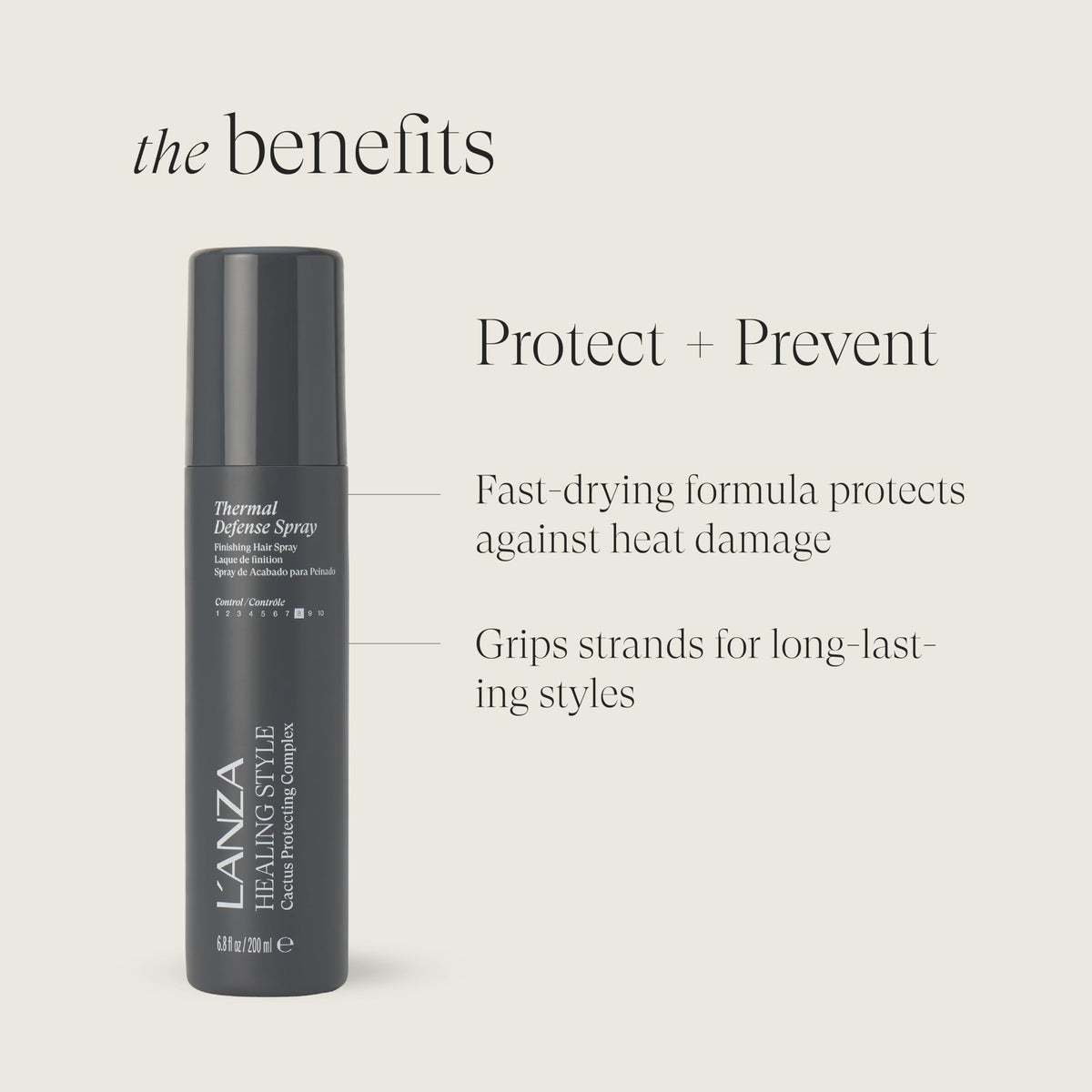 L’ANZA Thermal Defense Spray mist being applied to reduce frizz and boost smoothness.