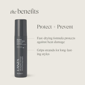L’ANZA Thermal Defense Spray mist being applied to reduce frizz and boost smoothness.
