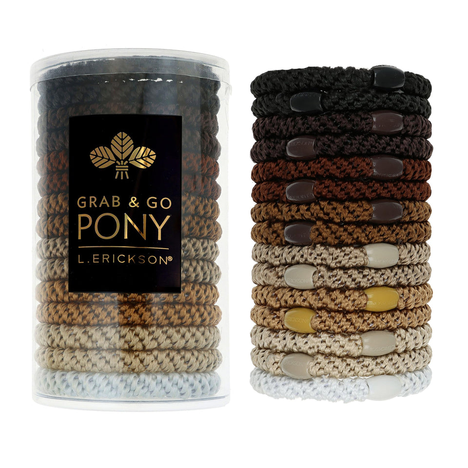 L. Erickson brown-beige hair ties in desert palette provide strong hold without snagging.