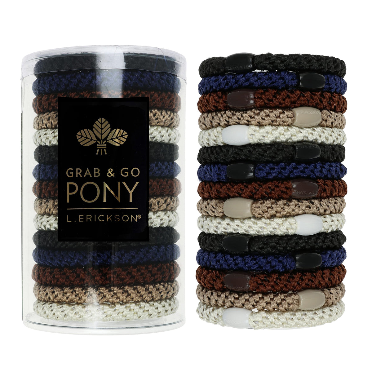 L. Erickson Grab & Go Pony Tube 15-pack for travel-friendly styling.