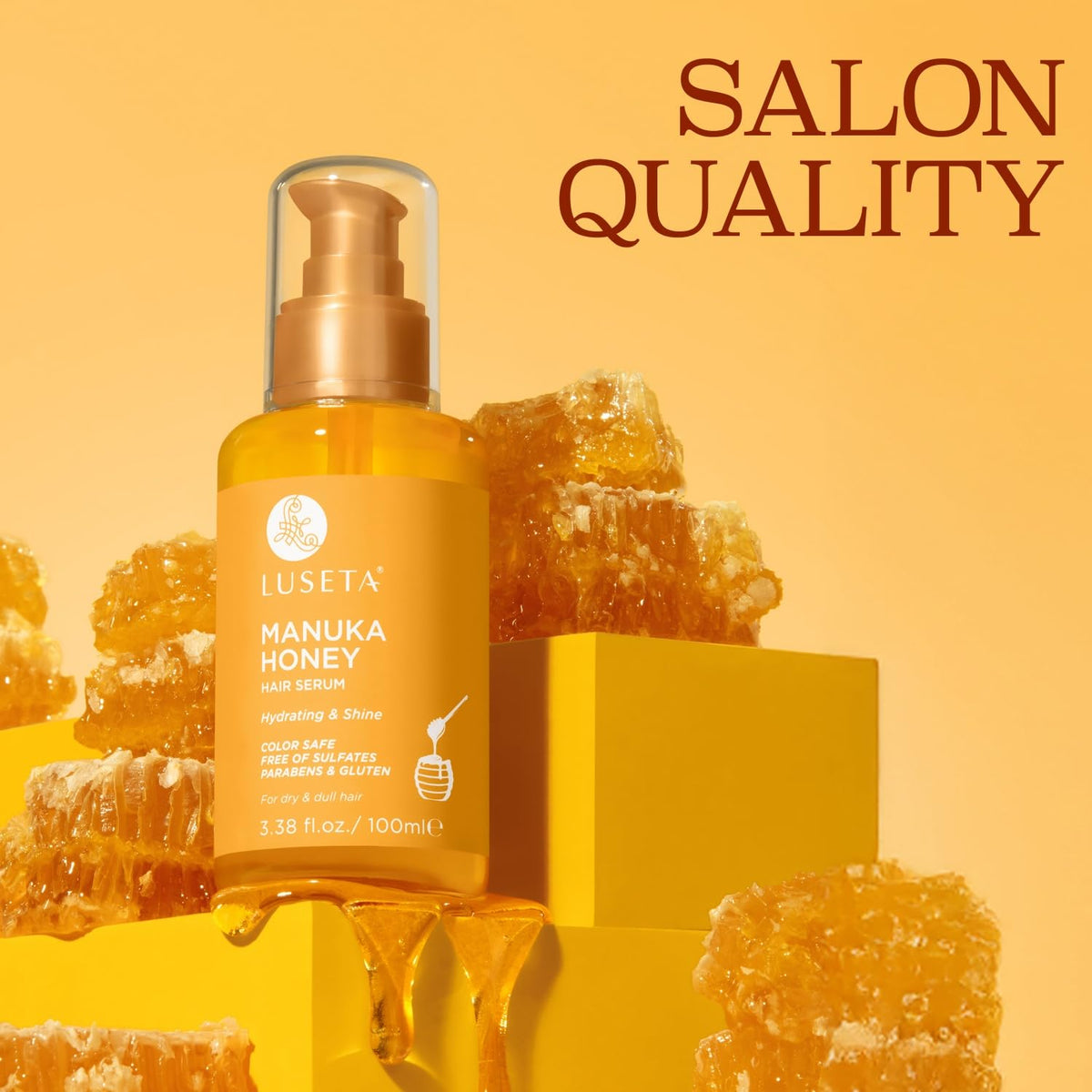 L LUSETA Manuka Honey Hair Oil close-up of honey and argan oil texture for nourishment.
