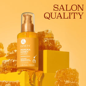 L LUSETA Manuka Honey Hair Oil close-up of honey and argan oil texture for nourishment.