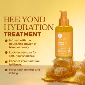 L LUSETA Manuka Honey Hair Oil honey drop over hair strands illustrating moisture lock.