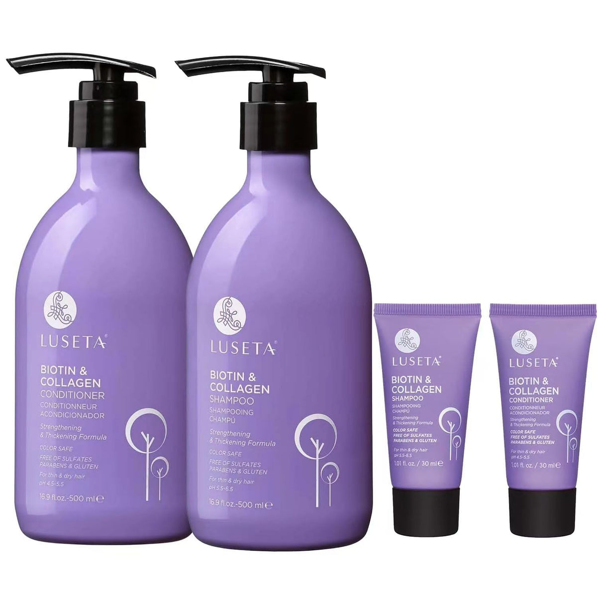 L Luseta biotin shampoo and conditioner set packaging, highlighting argan oil nourishing damaged hair