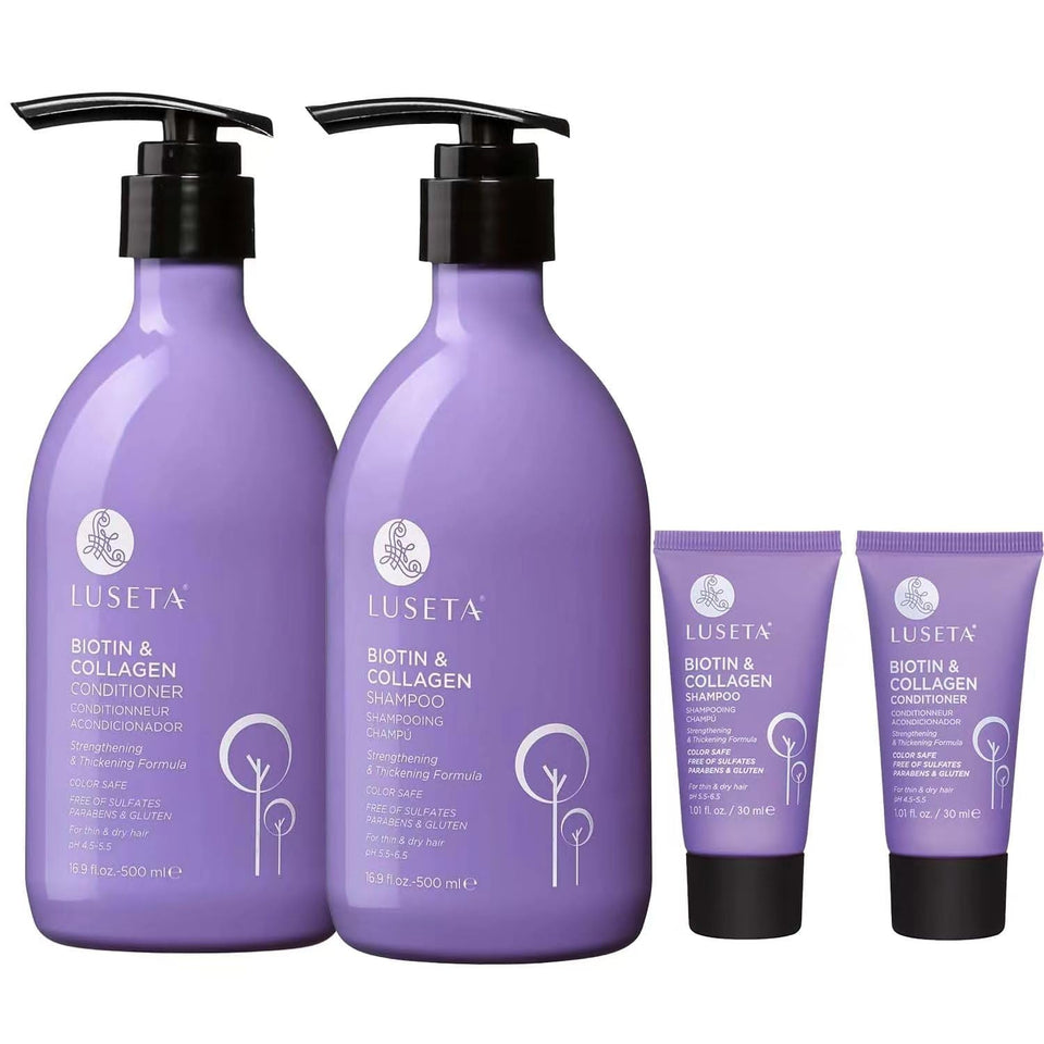 L Luseta biotin shampoo and conditioner set packaging, highlighting argan oil nourishing damaged hair
