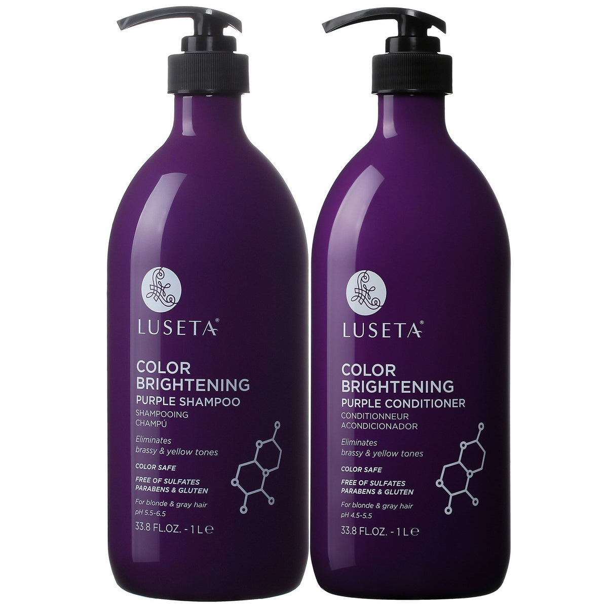 L LUSETA purple shampoo bottle neutralizes brass while moisturizing hair with coconut oil