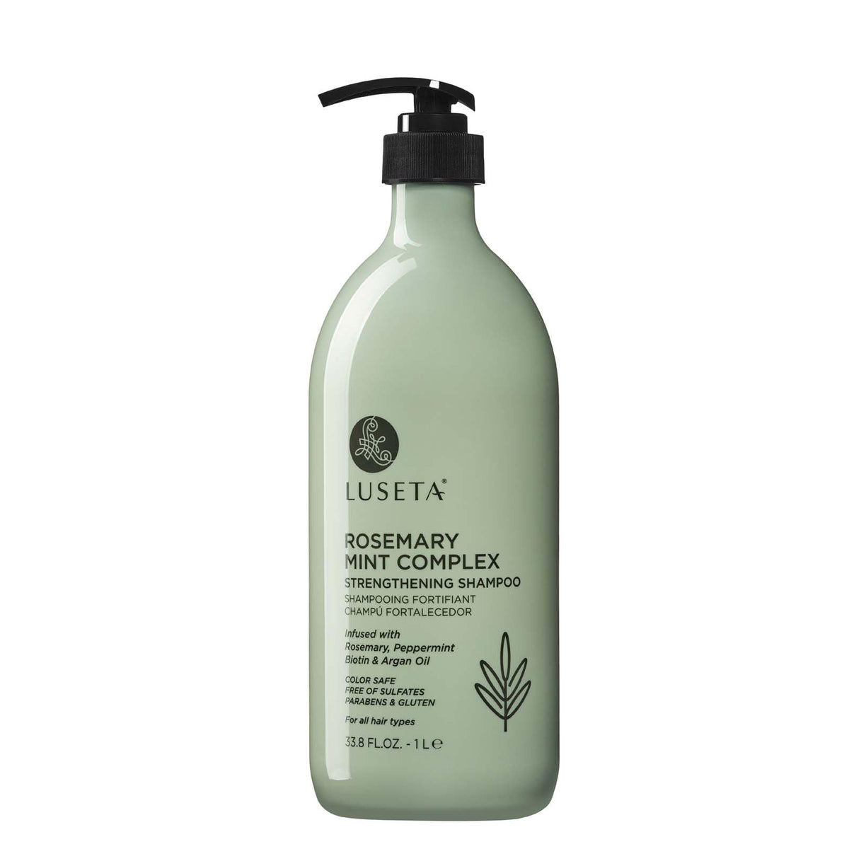 L LUSETA Rosemary Mint Shampoo bottle promotes stronger, shinier hair for all textures.