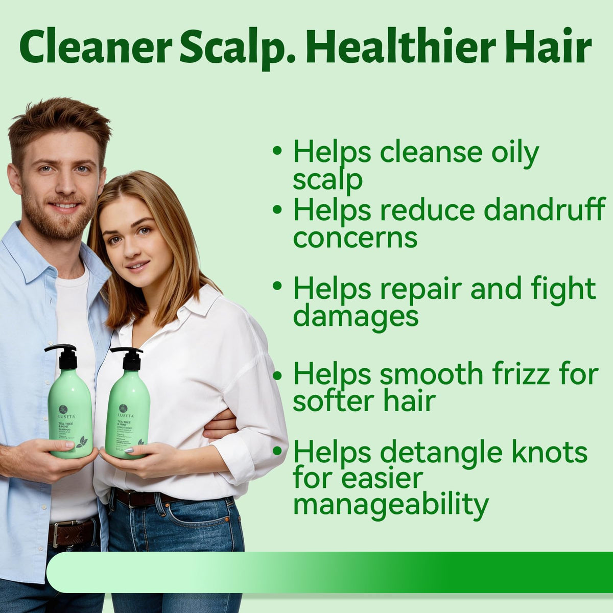 LUSETA Tea Tree Mint Shampoo close-up highlighting cooling peppermint aroma.